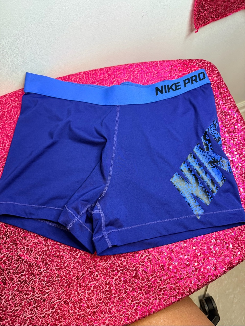 Nike Women's Blue Athletic Compression Shorts with Light Blue Waistband